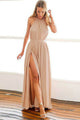 A-Line Halter Backless Floor-Length Blush Prom Dress with Pleats OHC065 | Cathyprom