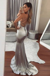 Mermaid Halter Backless Sweep Train Silver Prom Dress with Sequins LPD100 | Cathyprom