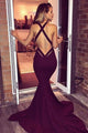 Mermaid Deep V-Neck Criss-Cross Straps Court Train Burgundy Satin Prom Dress P12