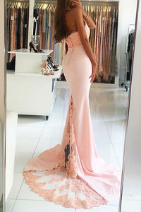 Mermaid High Neck Sweep Train Pink Satin Prom Dress with Beading Lace P11