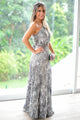 A-Line One-Shoulder Floor-Length Grey Print Chiffon Prom Dress with Beading P15
