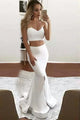 Two Piece Sweetheart Sweep Train White Stretch Satin Prom Dress P4