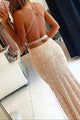 Mermaid Square Criss-Cross Straps Champagne Sequined Prom Dress with Beading Q100