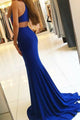 Mermaid Jewel Split Sweep Train Royal Blue Stretch Satin Prom Dress Q98