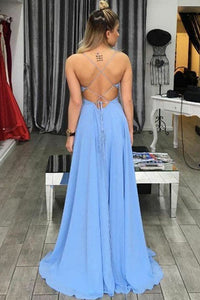 A-Line Deep V-Neck Criss-Cross Straps Split-Side Blue Chiffon Sleeveless Prom Dress Q96
