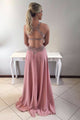 A-Line Jewel Sweep Train Criss-Cross Straps Blush Satin Prom Dress with Beading Q95