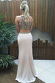 Mermaid Crew Sweep Train Beige Stretch Satin Open Back Prom Dress with Beading Q94