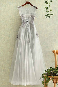 A-Line Crew Floor-Length Grey Sleeveless Tulle Prom Dress with Appliques Q92