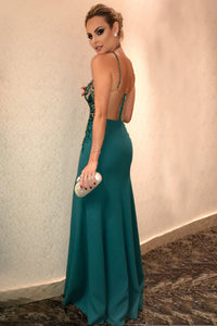 Mermaid Cross Neck Floor-Length Dark Green Satin Prom Dress with Beading Q91
