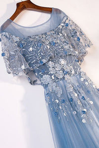 A-Line Square Floor-Length Dark Blue Tulle Prom Dress with Appliques Ruffles Q85