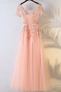 A-Line Crew Short Sleeves Floor-Length Coral Tulle Prom Dress with Appliques Q25