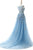 A-Line Bateau Court Train Sleeveless Blue Tulle Prom Dress with Appliques Q81