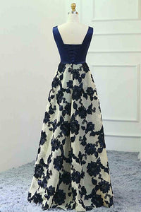 A-Line V-Neck Floor-Length Navy Blue Tulle Sleeveless Prom Dress with Appliques Q79