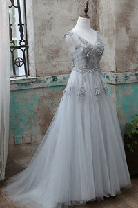 A-Line V-Neck Sweep Train Grey Tulle Prom Dress with Appliques Q76