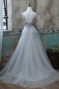 A-Line V-Neck Sweep Train Grey Tulle Prom Dress with Appliques Q76