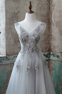 A-Line V-Neck Sweep Train Grey Tulle Prom Dress with Appliques Q76