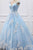 Ball Gown Off-the-Shouklder Court Train Blue Tulle Prom Dress with Appliques Q74