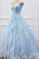 Ball Gown Off-the-Shouklder Court Train Blue Tulle Prom Dress with Appliques Q74