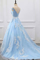 Ball Gown Off-the-Shouklder Court Train Blue Tulle Prom Dress with Appliques Q74