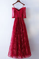 A-Line Off-the-Shoulder Floor-Length Half Sleeves Dark Red Lace Prom Dress Q75