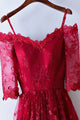 A-Line Off-the-Shoulder Floor-Length Half Sleeves Dark Red Lace Prom Dress Q75