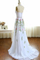 Two Piece High Neck Sweep Train Ivory Tulle Prom Dress with Appliques Q71