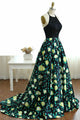 A-Line Halter Sweep Train Black Printed Satin Prom Dress with Beading Q70