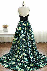 A-Line Halter Sweep Train Black Printed Satin Prom Dress with Beading Q70
