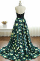 A-Line Halter Sweep Train Black Printed Satin Prom Dress with Beading Q70