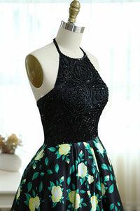 A-Line Halter Sweep Train Black Printed Satin Prom Dress with Beading Q70