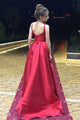 A-Line V-Neck Sweep Train Red Satin Sleeveless Prom Dress with Ruched Q67