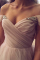 A-Line Off-the-Shoulder Court Train Pearl Pink Tulle Prom Dress with Beading Q64