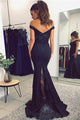 Mermaid Off-the-Shoulder Black Stretch Satin Prom Dress with Sequins Q61