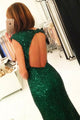 Mermaid Crew Cap Sleeves Dark Green Open Back Sequined Prom Dress Q59