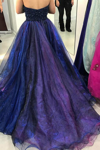 A-Line Halter Court Train High Low Royal Blue Tulle Beaded Ruffles Prom Dress Q58