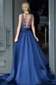 A-Line Deep V-Neck Royal Blue Satin Backless Prom Dress with Beading Q55