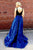 A-Line Deep V-Neck Sweep Train Split Royal Blue Lace Beaded Prom Dress Q53