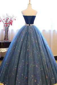 Ball Gown Sweetheart Court Train Navy Blue Lace Prom Dress with Beading Q47