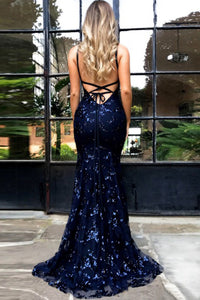 Mermaid Spaghetti Straps Backless Navy Blue Prom Dress with Appliques OHC017 | Cathyprom