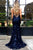 Mermaid Spaghetti Straps Backless Navy Blue Prom Dress with Appliques OHC017 | Cathyprom