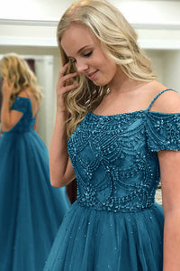 Ball Gown Off-the-Shoulder Sweep Train Dark Blue Tulle Prom Dress with Beading Q46