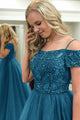 Ball Gown Off-the-Shoulder Sweep Train Dark Blue Tulle Prom Dress with Beading Q46
