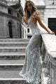 Mermaid Deep V-Neck Backless Sweep Train Grey Tulle Prom Dress with Appliques Z33
