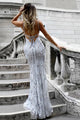 Mermaid Deep V-Neck Backless Sweep Train Grey Tulle Prom Dress with Appliques Z33