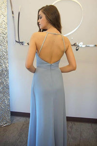 A-Line Spaghetti Straps Light Sky Blue Open Back Prom Dress with Beading Q44