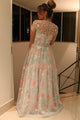 A-Line Jewel Cap Sleeves Sweep Train Mint Lace Prom Dress with Belt Z34