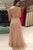 A-Line Jewel Sweep Train Champagne Tulle Prom Dress with Beading Q43