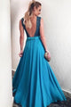 A-Line Deep V-Neck Blue Chiffon Backless Prom Dress with Appliques Q41