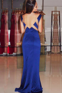 Mermaid V-Neck Sweep Train Royal Blue Satin Backless Prom Dress with Beading Q39