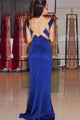 Mermaid V-Neck Sweep Train Royal Blue Satin Backless Prom Dress with Beading Q39